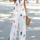 Stylish Crew-Neck Tank Top Wide-Leg Pant Suit