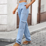 Washed Semi-Elastic Waist Denim Workwear Trousers