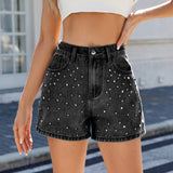Washed Design With Beaded Slimming Denim Shorts