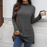 Solid-Color High-Neck Long-Sleeved Slit T-Shirt