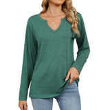 V-Neck Color Cotton Long Sleeve Loose T-Shirt