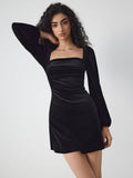 Velvet Dress With A Square Neck And Long Sleeves
