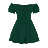 Solid-Color One-Shoulder Lantern-Sleeved Dress