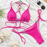 COLOR RING BIKINI SET ROSE RIBBED SWIMSUIT_CWMW0712