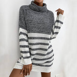 Striped Knit Mid-Length Turtleneck Sweater Dress