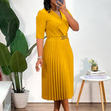 SOLID COLOR V NECK FASHIONABLE PLEATED DRESS_CWDMD3717