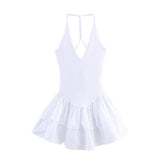 SOLID COLOR V NECK HALTER PATCHWORK DRESS_CWDHL0984