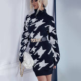 Turtleneck Long-Sleeved Plaid Sweater Dress