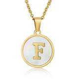 Cwaje1934_Round Stainless Steel White Shell Letter Necklace