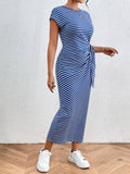 Striped Slim-Fit Waist Slimming Round Neck Dress