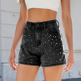 Washed Design With Beaded Slimming Denim Shorts