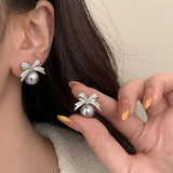 Womens Vintage Full Diamond Bow Pearl Earrings