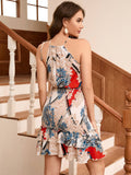 Strapless print ruffled dress_cwdsd4135