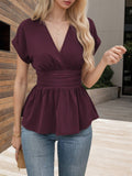 Womens V-Neck Waist-Defining Pleated Shirt