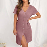 V-Neck Short-Sleeved Single-Breasted Home Dress