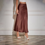SATIN LONG SKIRT HIGH WAIST DRAWSTRING SKIRT_CWAB4792