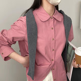 Solid Color Doll Collar Washed Cotton Shirt