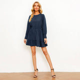 Solid Color Pinched Waist Long Sleeve Dress