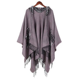 Women Hooded Tassel Split Shawl Wrapped Cloak