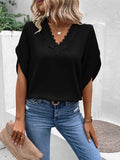 Solid Lace V-Neck Flared Sleeves Loose Blouse