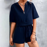 Solid Color Hooded Zipper Shorts Casual Suit_Cwstb0437