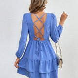 V-Neck Backless Lace Long-Sleeved Dress With Ruffles