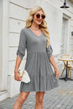 Solid Color Dress With V-Neck Pleats And Ruffles