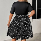 PLUS SIZE V NECK TIE WAIST RUCHED PATCHWORK DRESS_CWDMD5978