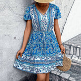 V-Neck National Style Floral Dress