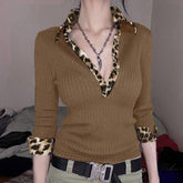 Vintage Patchwork Leopard Polo-Neck Knit T-Shirt