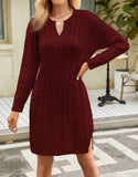 Solid Color Open V-Neck Sweater Dress