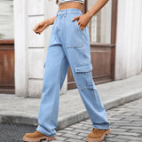 Washed Semi-Elastic Waist Denim Workwear Trousers