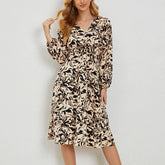 V-Neck Printed Waistline Casual Long-Sleeved Dress
