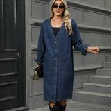 Washed Denim Long Coat Trench Cardigan