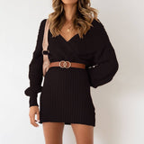 V-Neck Sexy Twist Sweater Wrap Hip Skirt