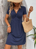 V-Neck, Cinched Waist, Knotted Solid Color Dress