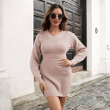 V-Neck Long-Sleeved High-Waisted Sweater Dress