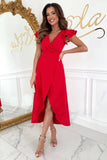 V-Neck Cinched Waist And Lotus Leaf Sleeve Dress