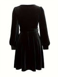 Velvet Square Collar Waist Long Sleeve Dress