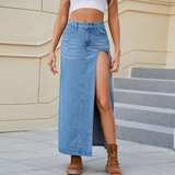 SEXY HIGH SLIT WASHED DENIM MAXI SKIRT WOMEN_CWJSK0201