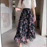 COLORFUL FLORAL MESH PRINT PLEATED TULLE SKIRT_CWBLS0399
