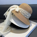 ELEGANT PEARL BOW TIE DECORATED STRAW HAT_CWAH1163
