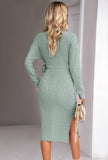 Solid Color V-Neck Long Sleeve Knit Lace-Up Dress
