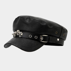 Punk Leather Flat Top Cap Studded Army Hat_Cwah04630