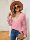 Cwtbll2401_V-Neck Lace Stitching Long-Sleeved Casual Top