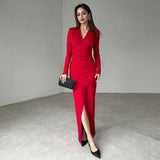 Stylish V-Neck Slim-Fit High-Waisted Slit Dress
