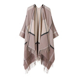 FRINGED SHAWL PLAID SCARF FAUX CASHMERE SLIT CAPE_CWASC2258