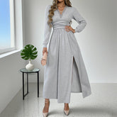 Solid-Color Brushed V-Neck Long-Sleeved Dress