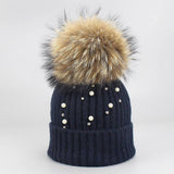 Women¡¯S Knit Beanie With Pearl & Fur Pom_Cwah04987