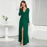V-Neck Long-Sleeved Solid Color Fitted Dress